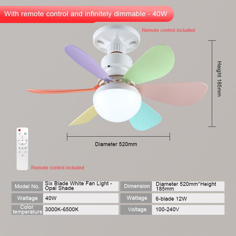 40W E27 screw-type fan light, bedroom and living room ceiling fan, large wind silent ceiling fan light, smart timing, six-blade fan light, three wind speed Settings, stepless dimming + with remote control, 52CM colorful blades + milky white cover + with lamp base  QA353