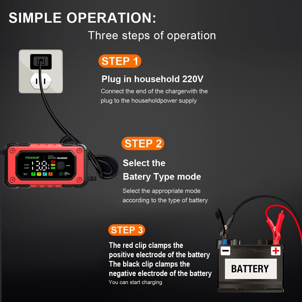 7A large screen color display 12V motorcycle and car charger AGM lead-acid lithium iron phosphate charger  FBC1207E