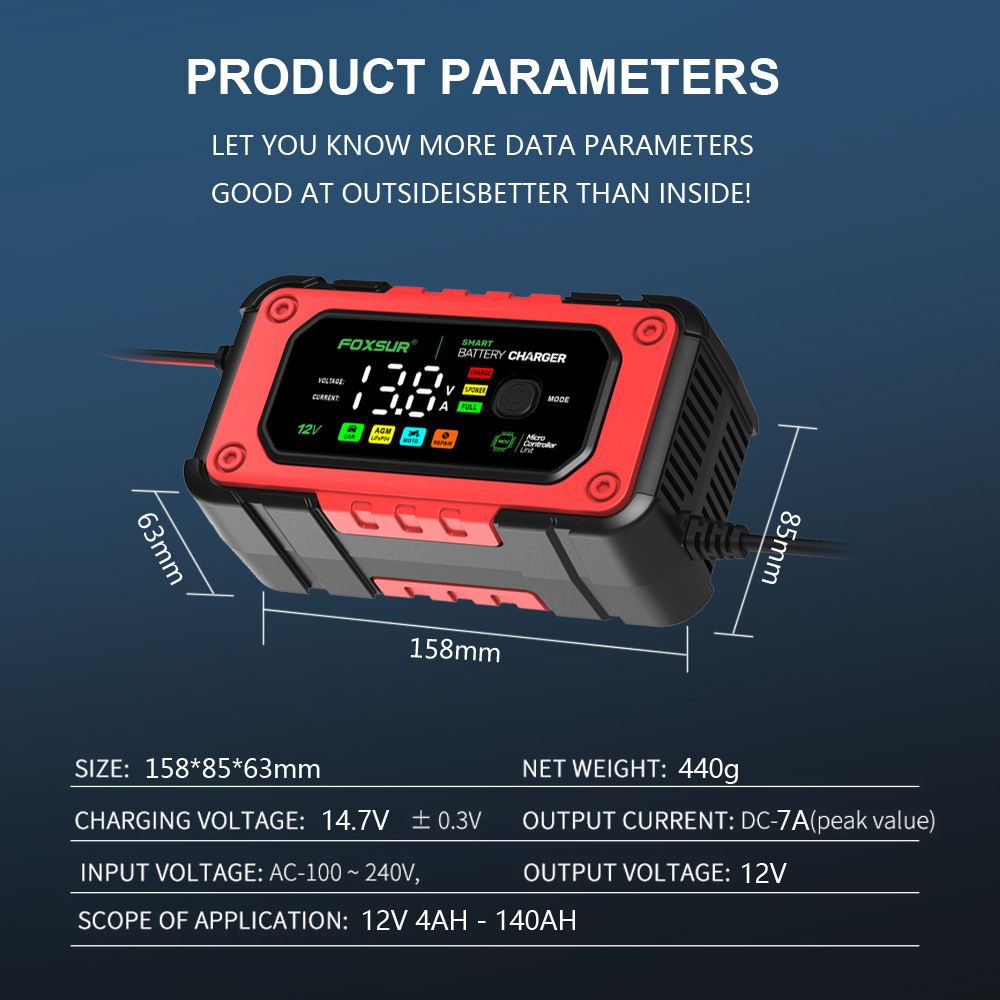 7A large screen color display 12V motorcycle and car charger AGM lead-acid lithium iron phosphate charger  FBC1207E