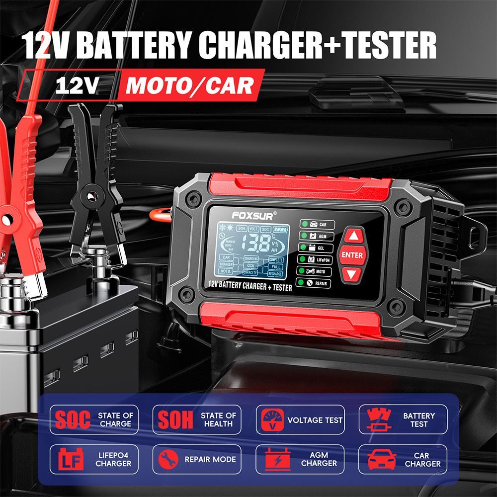2-in-1 battery quality detector, battery analyzer, 12V car and motorcycle lead-acid lithium iron phosphate battery charger  FTC-1206