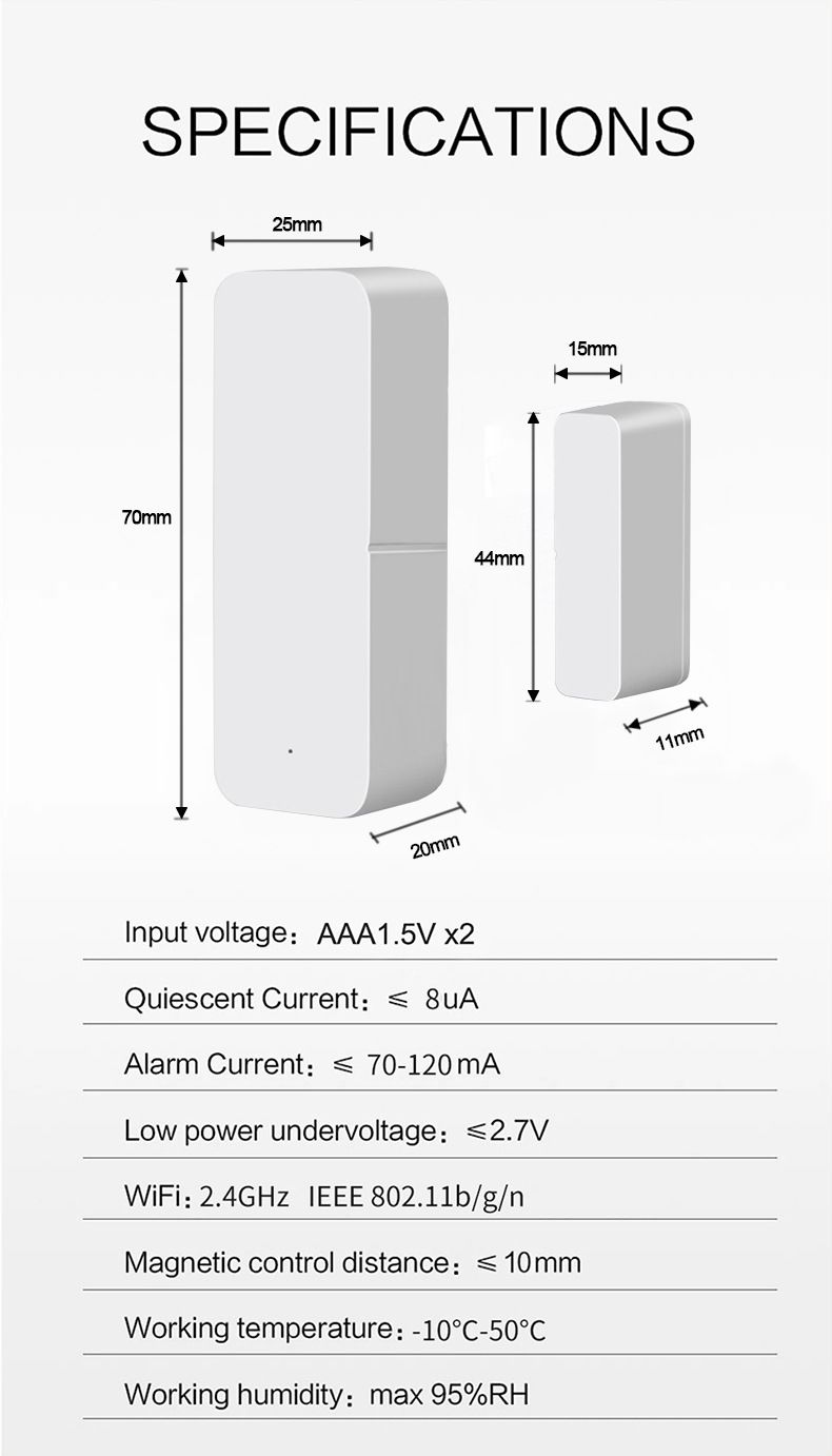 Tuya Door magnetic Smart Home wifi door magnetic door and window alarm Smart door and window sensor remote alarm low battery alert app notification  WL-19DWT