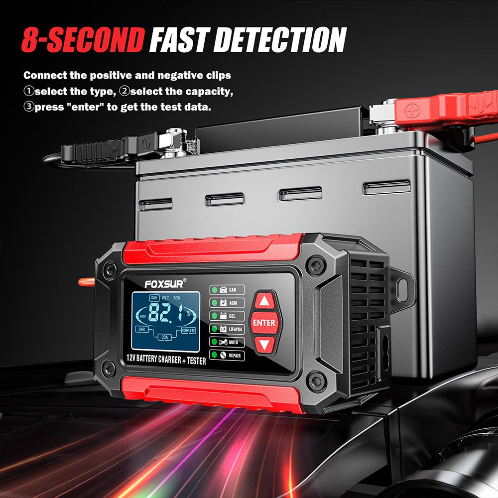 2-in-1 battery quality detector, battery analyzer, 12V car and motorcycle lead-acid lithium iron phosphate battery charger  FTC-1206