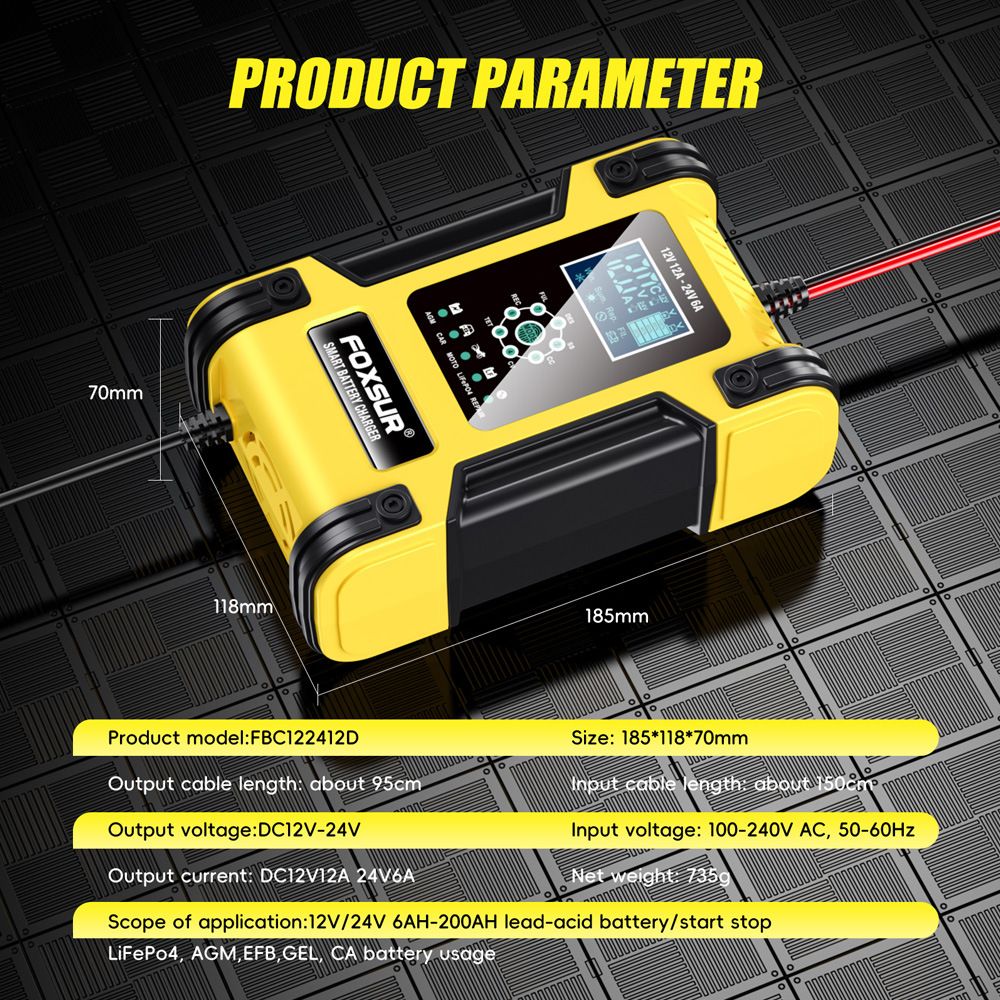12V, 24V, 12A 7-segment intelligent charger, lead-acid battery charger, running light indicator charger  FBC122412D-Y
