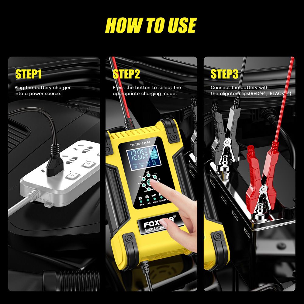 12V, 24V, 12A 7-segment intelligent charger, lead-acid battery charger, running light indicator charger  FBC122412D-Y