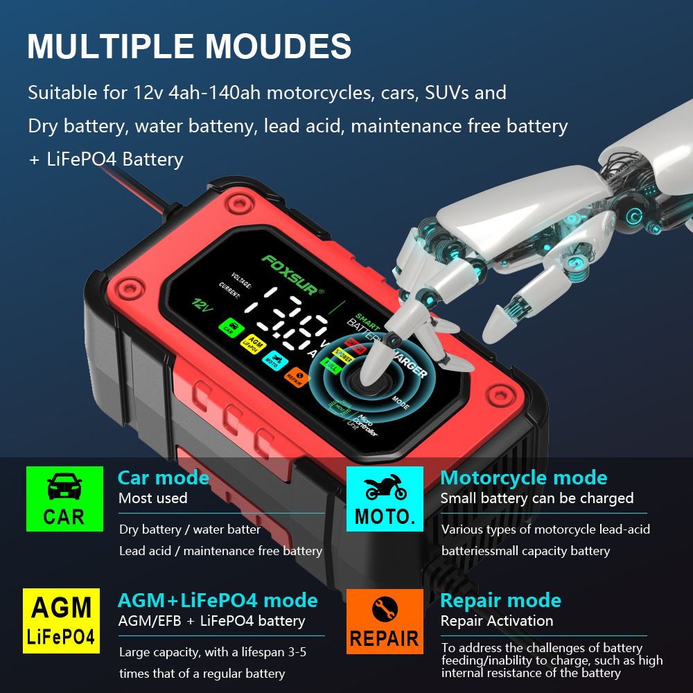 7A large screen color display 12V motorcycle and car charger AGM lead-acid lithium iron phosphate charger  FBC1207E