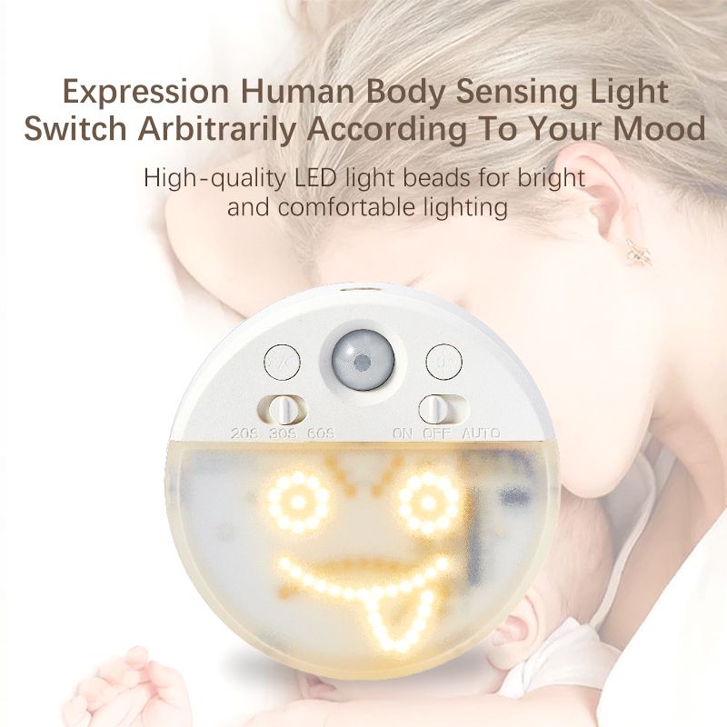 Creative intelligent human body sensor night light, automatically lights up when people come, decorative atmosphere, charging magnetic attraction circular expression light, face light, warm yellow light LED light  BQ1