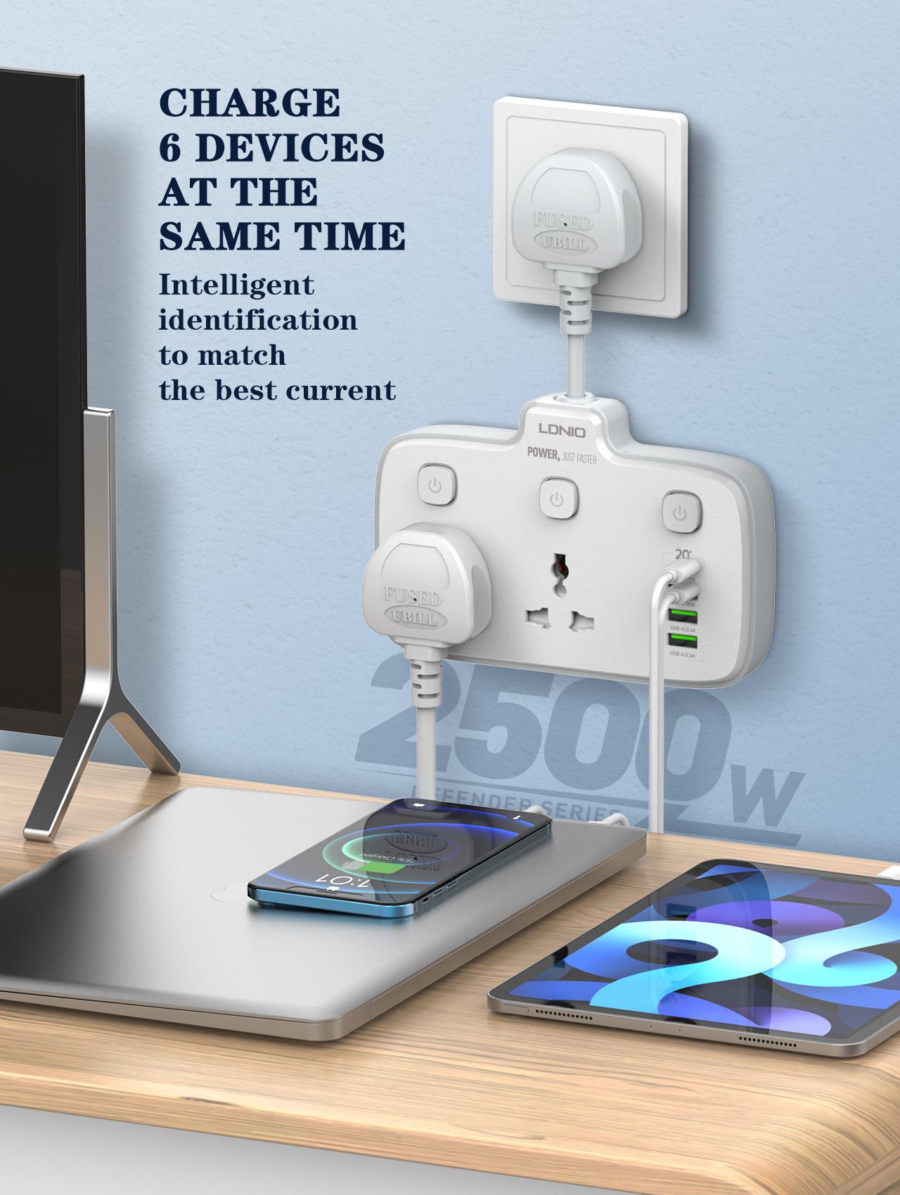 Multi-functional fast charging universal socket AC100-250 2500W 0.2m short cable board TYPE-C PD3.0/20W USB-A/PD3.0/18W USB-A/2.4A European regulations  SC2413