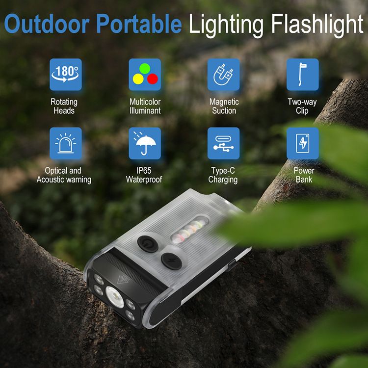 Power bank LED flashlight 180 degrees adjustable working light buzzer sound and light anti-wolf flashlight multi-functional portable light UV lamp type-c charging  V30