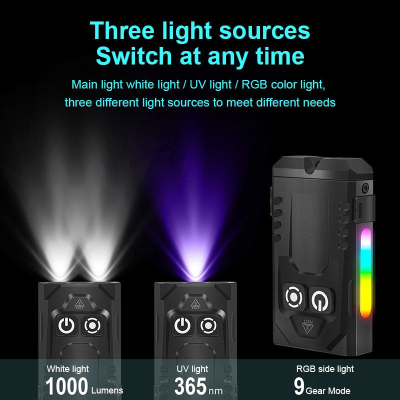 Aluminum alloy mini flashlight RGB seven color magnetic working light 365nm violet rechargeable flashlight three light sources 1000mah power type-c charging  EV15S