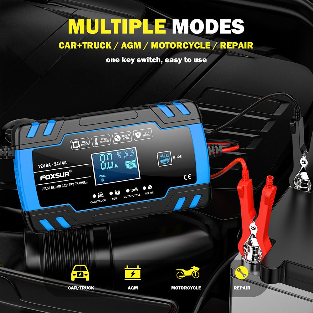 12V and 24V multi-functional intelligent charger, universal charger for motorcycles, cars and trucks, repair type charger  FBC122408D
