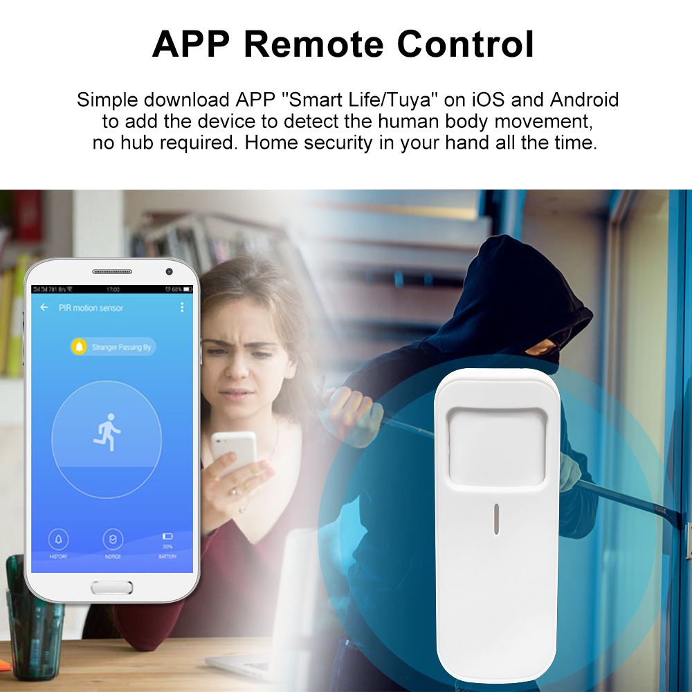 Tuya APP Human infrared Sensor Tuya PIR Infrared detector wifi indoor infrared intrusion alarm 110° wide Angle offline alert APP notification  WL-808WT