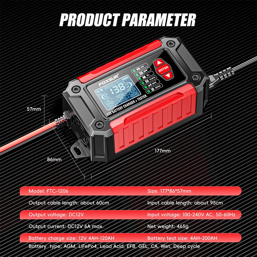 2-in-1 battery quality detector, battery analyzer, 12V car and motorcycle lead-acid lithium iron phosphate battery charger  FTC-1206