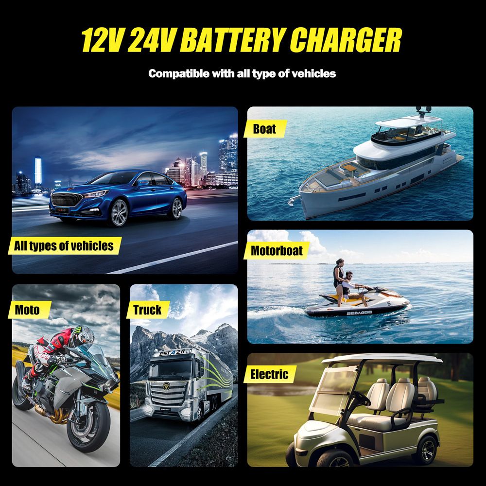 12V, 24V, 12A 7-segment intelligent charger, lead-acid battery charger, running light indicator charger  FBC122412D-Y