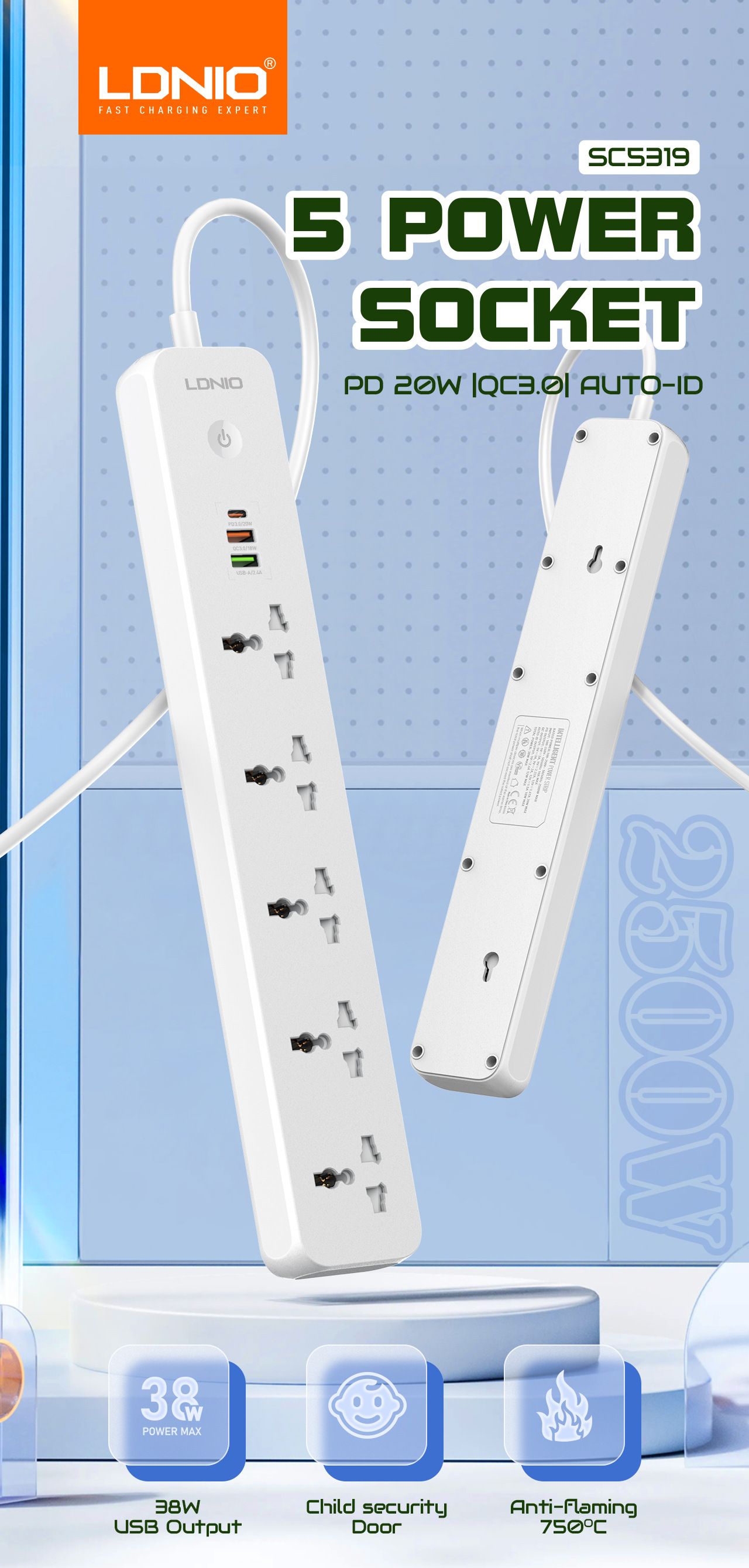 Universal jack panel USB perforated PD Quick-charge jack board US/EU/UK slot 53mm pitch 38W Maximum output 1*TYPE-C PD3.0/20W 1*USB-A/QC3.0/18W 1*USB-A/2.4A European standard  SC5319