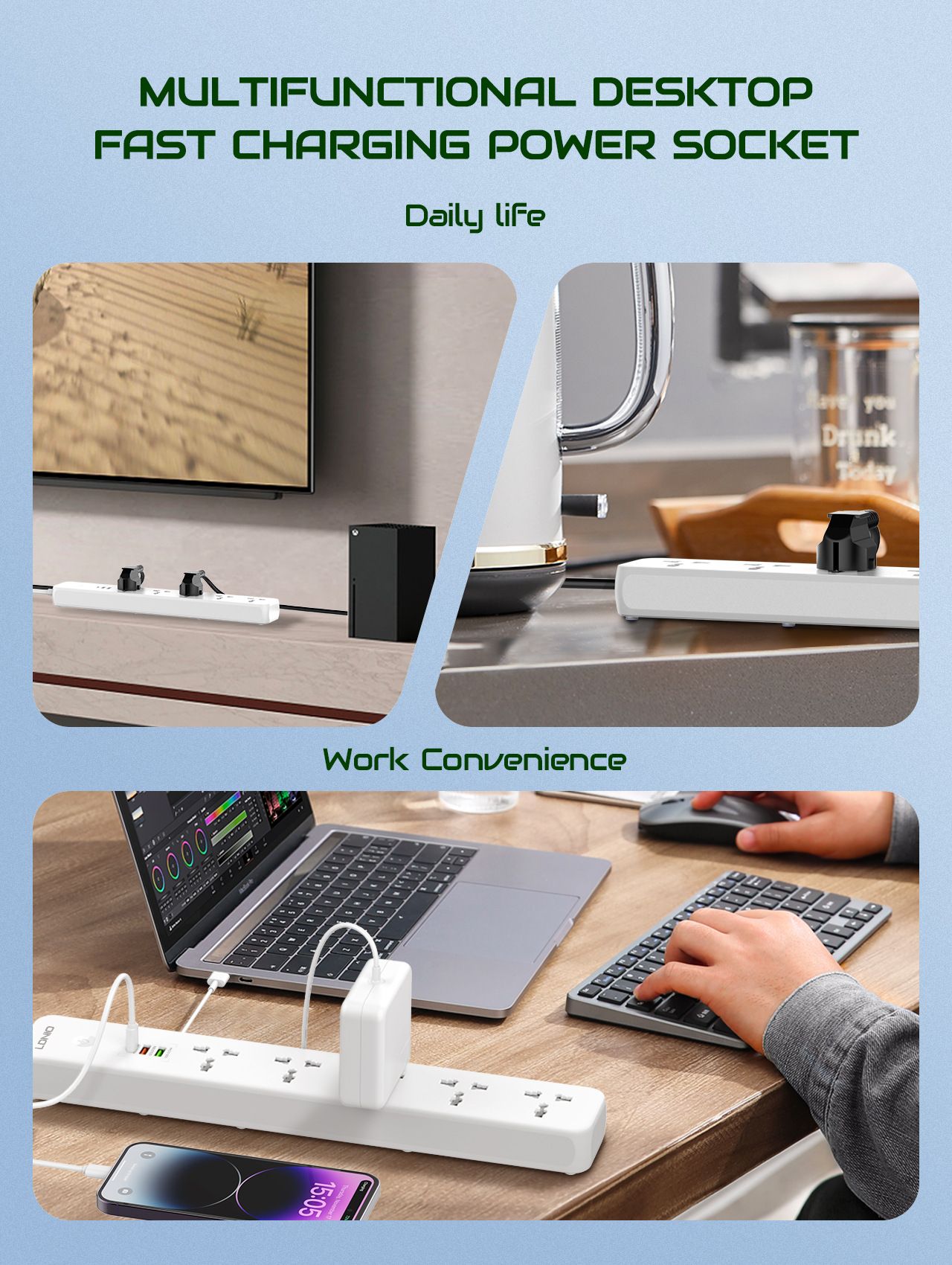 Universal jack panel USB perforated PD Quick-charge jack board US/EU/UK slot 53mm pitch 38W Maximum output 1*TYPE-C PD3.0/20W 1*USB-A/QC3.0/18W 1*USB-A/2.4A European standard  SC5319