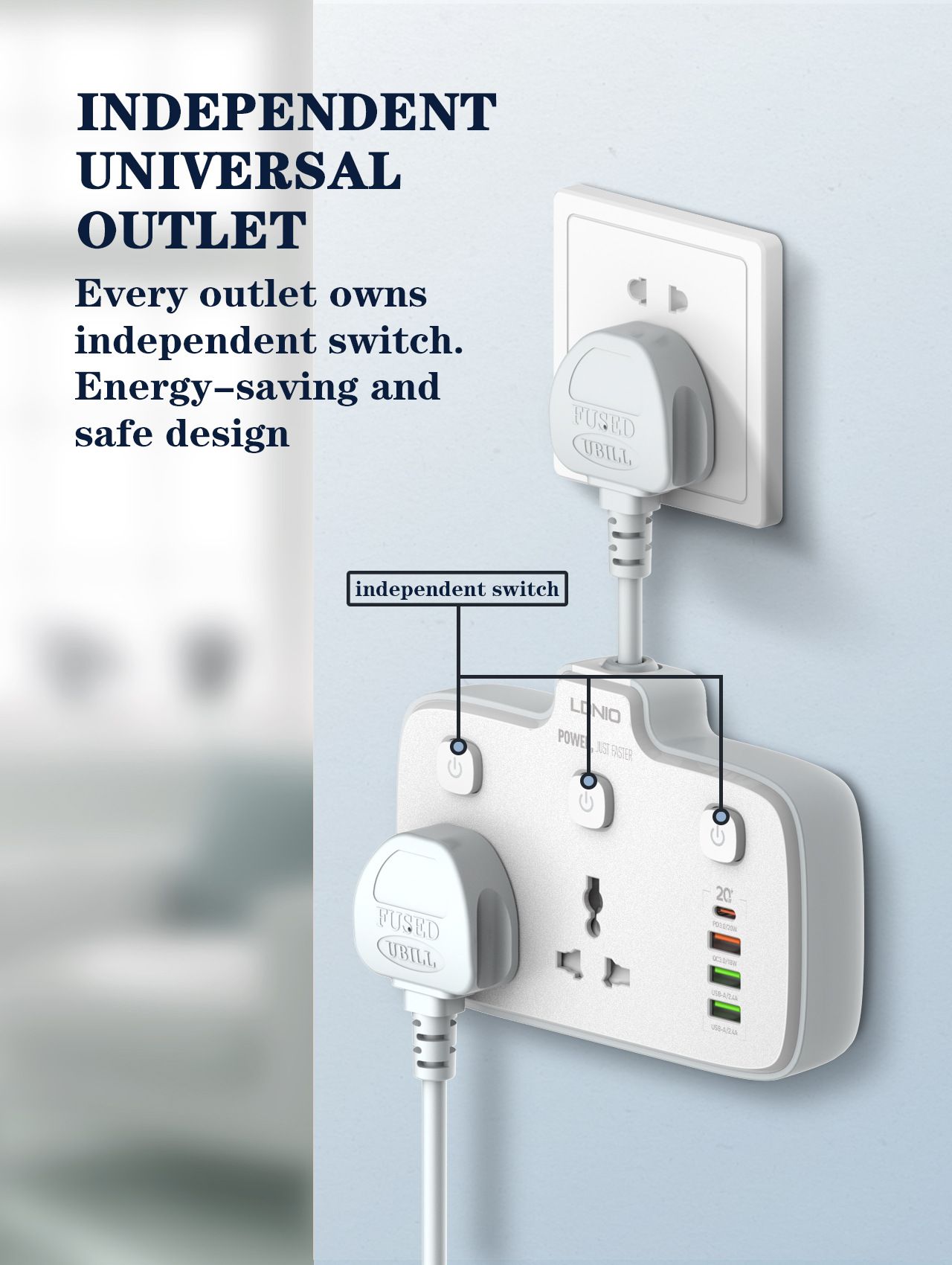 Multi-functional fast charging universal socket AC100-250 2500W 0.2m short cable board TYPE-C PD3.0/20W USB-A/PD3.0/18W USB-A/2.4A European regulations  SC2413