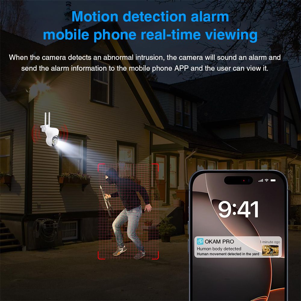 The K21 outdoor security camera is suitable for remote monitoring, high-definition 1080p, 92° viewing Angle, direct connection to WiFi, dual-light night vision, DC 5V power supply, and is applicable to homes, stores, supermarkets, factories and other places  K21