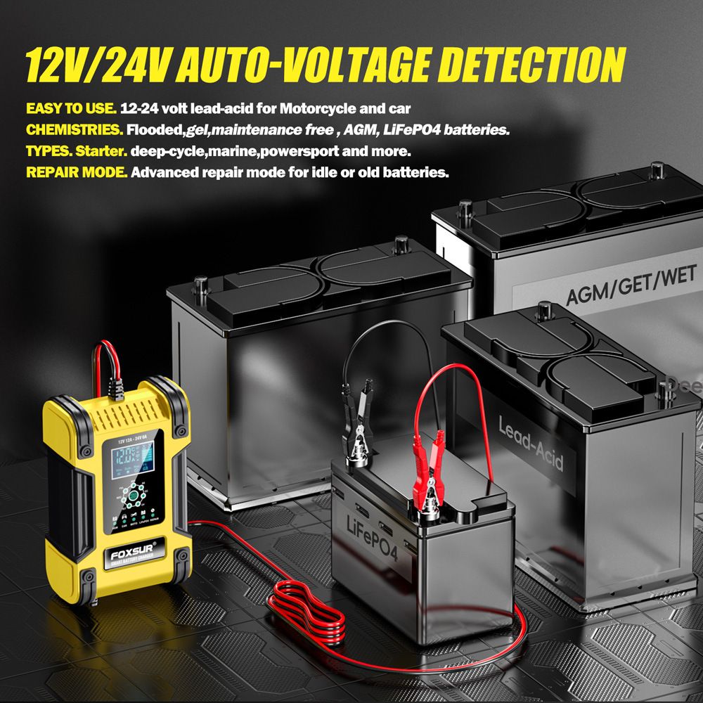 12V, 24V, 12A 7-segment intelligent charger, lead-acid battery charger, running light indicator charger  FBC122412D-Y