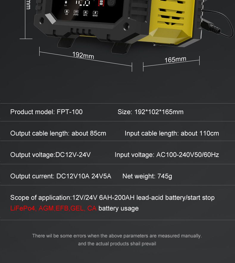 10A portable 12V 24V motorcycle battery charger, portable car battery charger  FPT-100