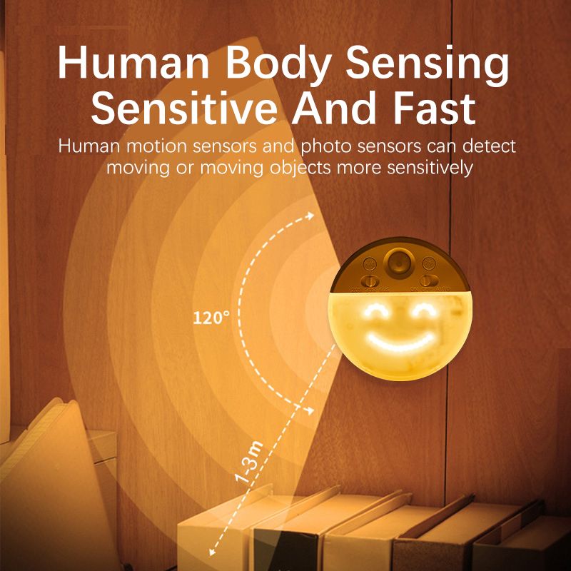 Creative intelligent human body sensor night light, automatically lights up when people come, decorative atmosphere, charging magnetic attraction circular expression light, face light, warm yellow light LED light  BQ1