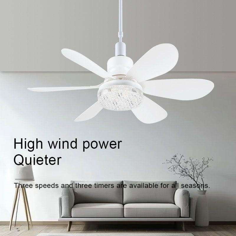 40W E27 screw-type fan lamp, bedroom and living room ceiling fan, large wind silent ceiling fan lamp, smart timing, six-blade fan lamp, three wind speed Settings, stepless dimming + with remote control, 52CM white blades + crystal cover + lamp base  QA353