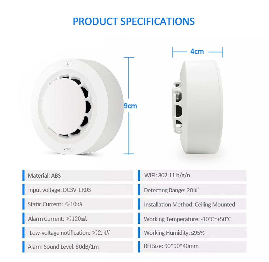 tuya wifi Smoke Sensor Tuya Smoke alarm Smoke alarm sensor Fire alarm Remote control high-pitched alarm super standby  WL-228WT