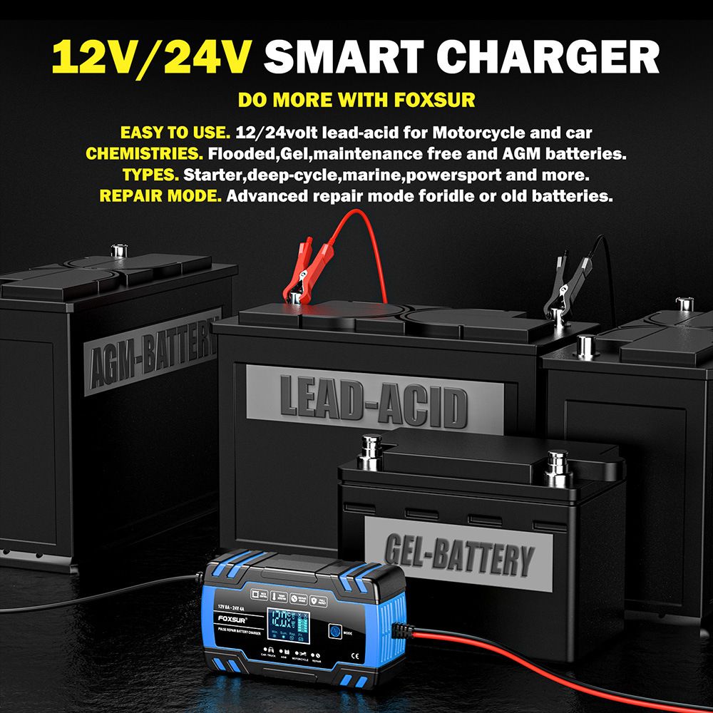12V and 24V multi-functional intelligent charger, universal charger for motorcycles, cars and trucks, repair type charger  FBC122408D