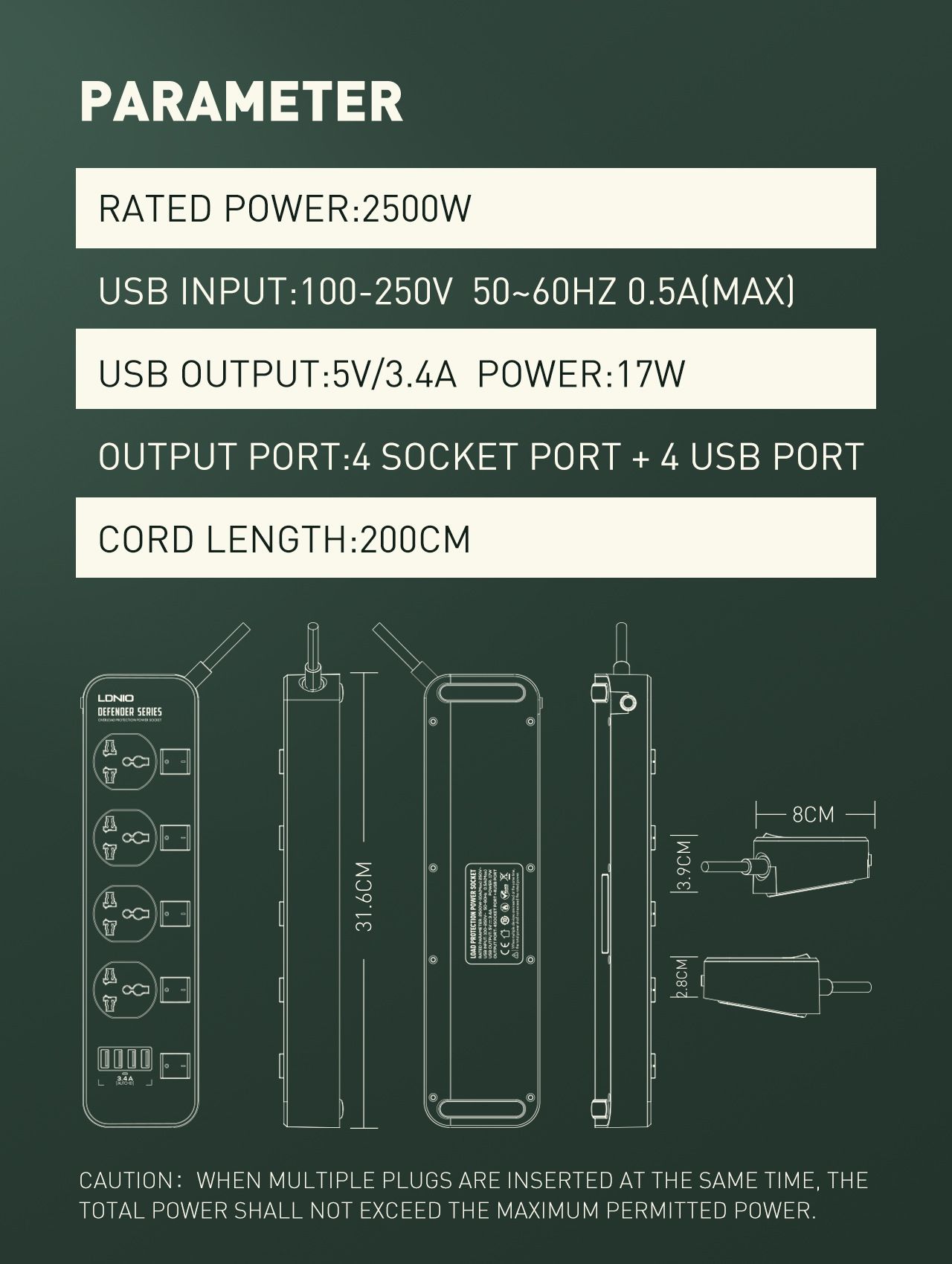 Independent switch universal strip USB power strip European standard American standard Expansion socket patch board Overload protection 2500W 5V/3.4A 4*USB-A 2 meter cable European standard  SC4408