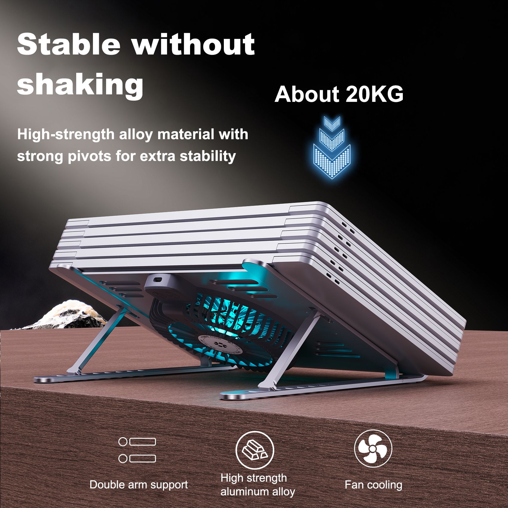 [Black] Large fan computer cooling bracket Portable folding aluminum alloy bracket laptop lifting bracket flat increase 8 height adjustment RGB running lamp wind speed adjustable  T655-A