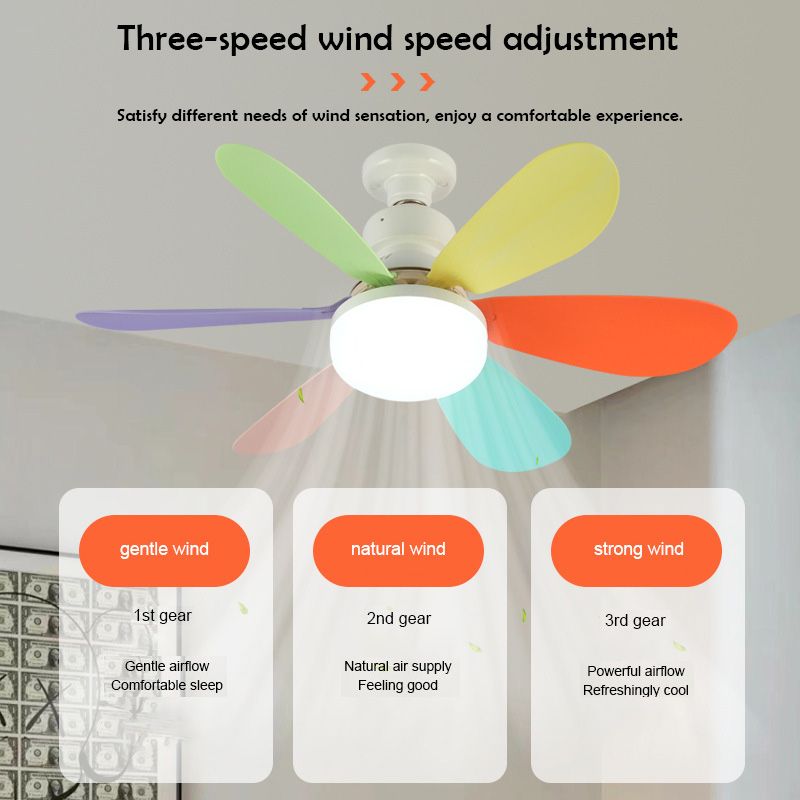 40W E27 screw-type fan light, bedroom and living room ceiling fan, large wind silent ceiling fan light, smart timing, six-blade fan light, three wind speed Settings, stepless dimming + with remote control, 52CM colorful blades + milky white cover + with lamp base  QA353