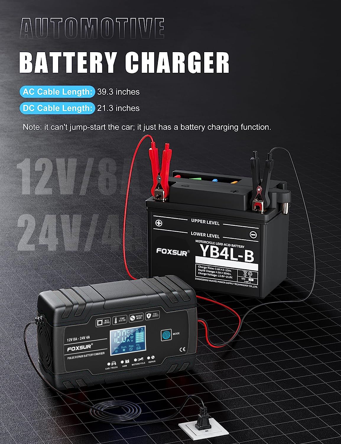 Black industrial style 12V 24V AGM charger, 8A motorcycle and car battery charger  FBC122408D