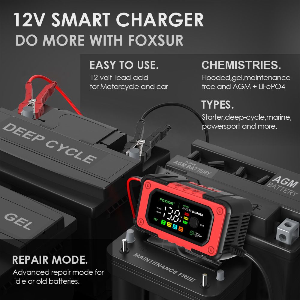 7A large screen color display 12V motorcycle and car charger AGM lead-acid lithium iron phosphate charger  FBC1207E
