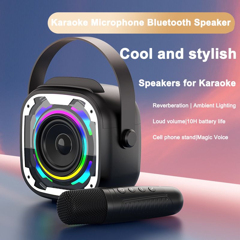 [Black] Wireless Bluetooth speaker atmosphere sense with microphone home karaoke speaker microphone in one machine  V11