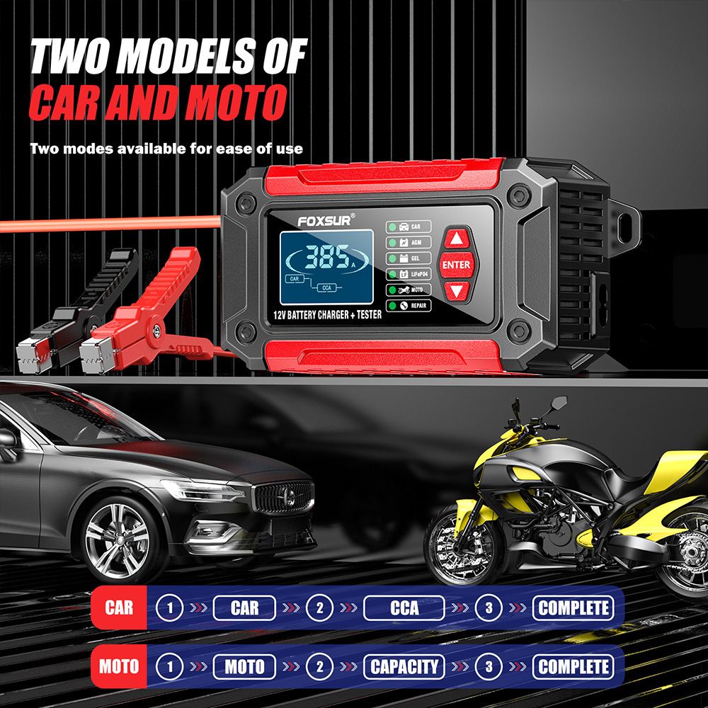 2-in-1 battery quality detector, battery analyzer, 12V car and motorcycle lead-acid lithium iron phosphate battery charger  FTC-1206