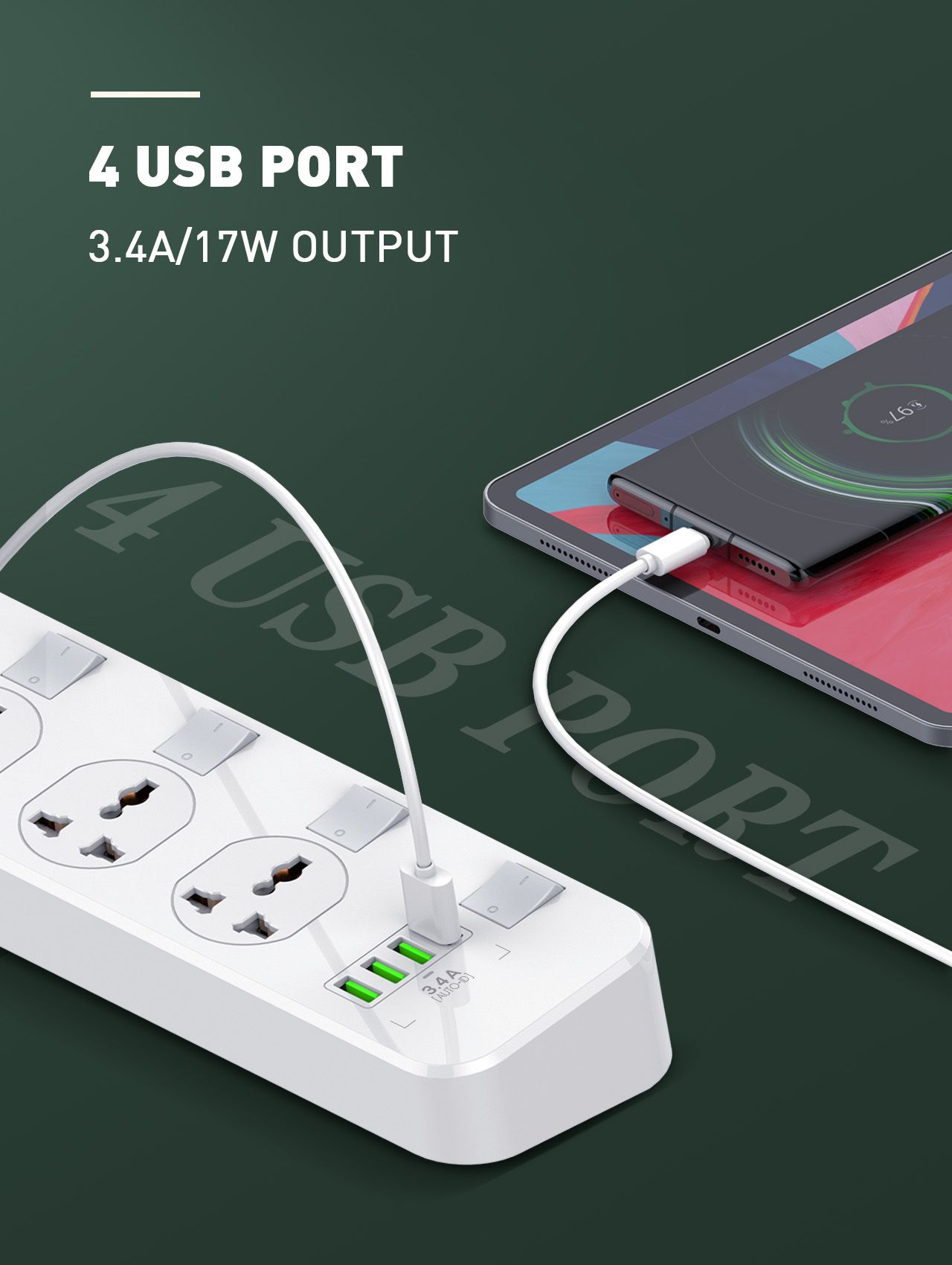 Independent switch universal strip USB power strip European standard American standard Expansion socket patch board Overload protection 2500W 5V/3.4A 4*USB-A 2 meter cable European standard  SC4408