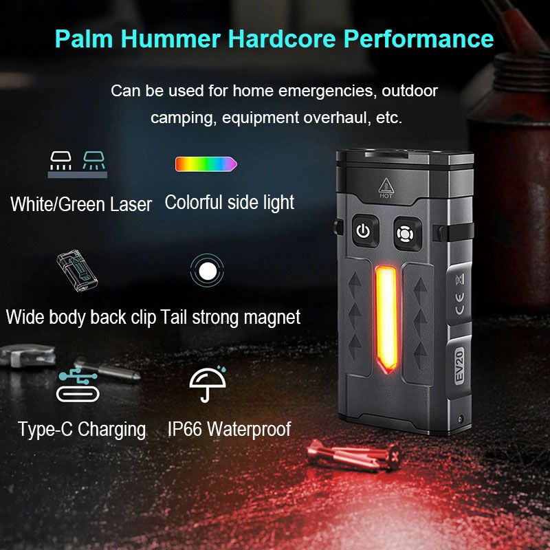 Laser pointer flashlight Outdoor camping LED light portable multi-functional EDC keychain light TYPE-C charging aluminum alloy version white + green laser + side light RGB  EV20
