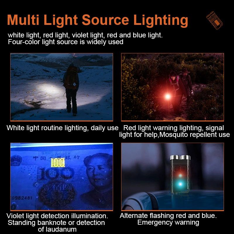 Mini keychain flashlight USB-C charging Multi-functional red and blue warning magnetic flashlight 900 lumen color temperature 6500K four-color light source charging use  V3