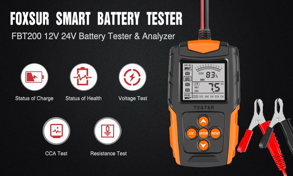 12V 24V Car battery tester  LCD Battery Analyzer Test Tool Digital Analyzer Tester for Car Truck Motorcycle SUV Boat and More  FBT200