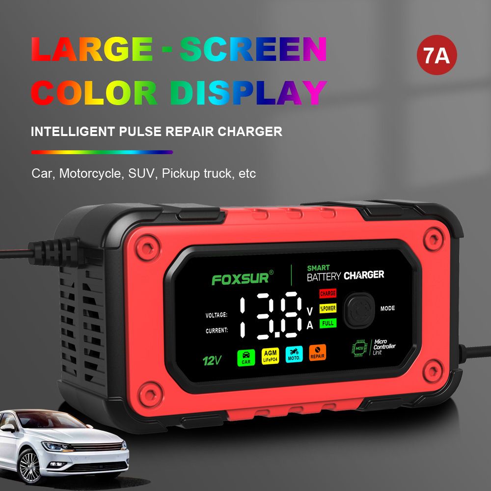 7A large screen color display 12V motorcycle and car charger AGM lead-acid lithium iron phosphate charger  FBC1207E
