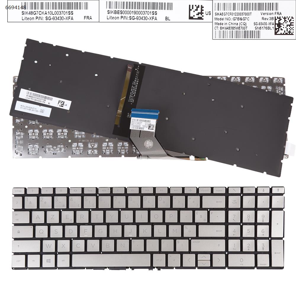 HP Pavilion 15-DA 250 255 G7 Gen7 SILVER ( backlit  WIN8)   FR G7B&G7C CT:BHAB3B5WE700T Laptop Keyboard (OEM-A)