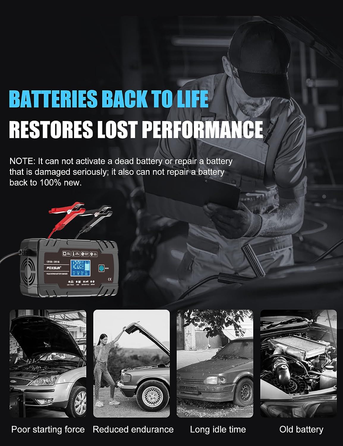 Black industrial style 12V 24V AGM charger, 8A motorcycle and car battery charger  FBC122408D