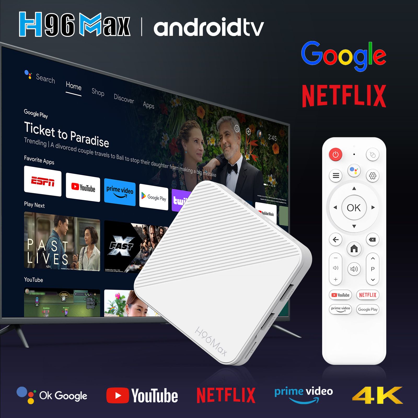 H96 MAX H313 Android Network set-top box H313 TV box 4K ATV Voice TV set-top box Ok Google YouTube NETFLIX prime video 2GB+16GB European regulation  H96 MAX H313