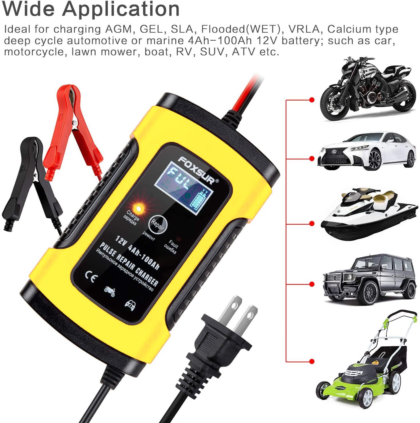 12V 5A motorcycle SUV car battery charger, pulse repair with LCD charger, European standard  FBC1205D