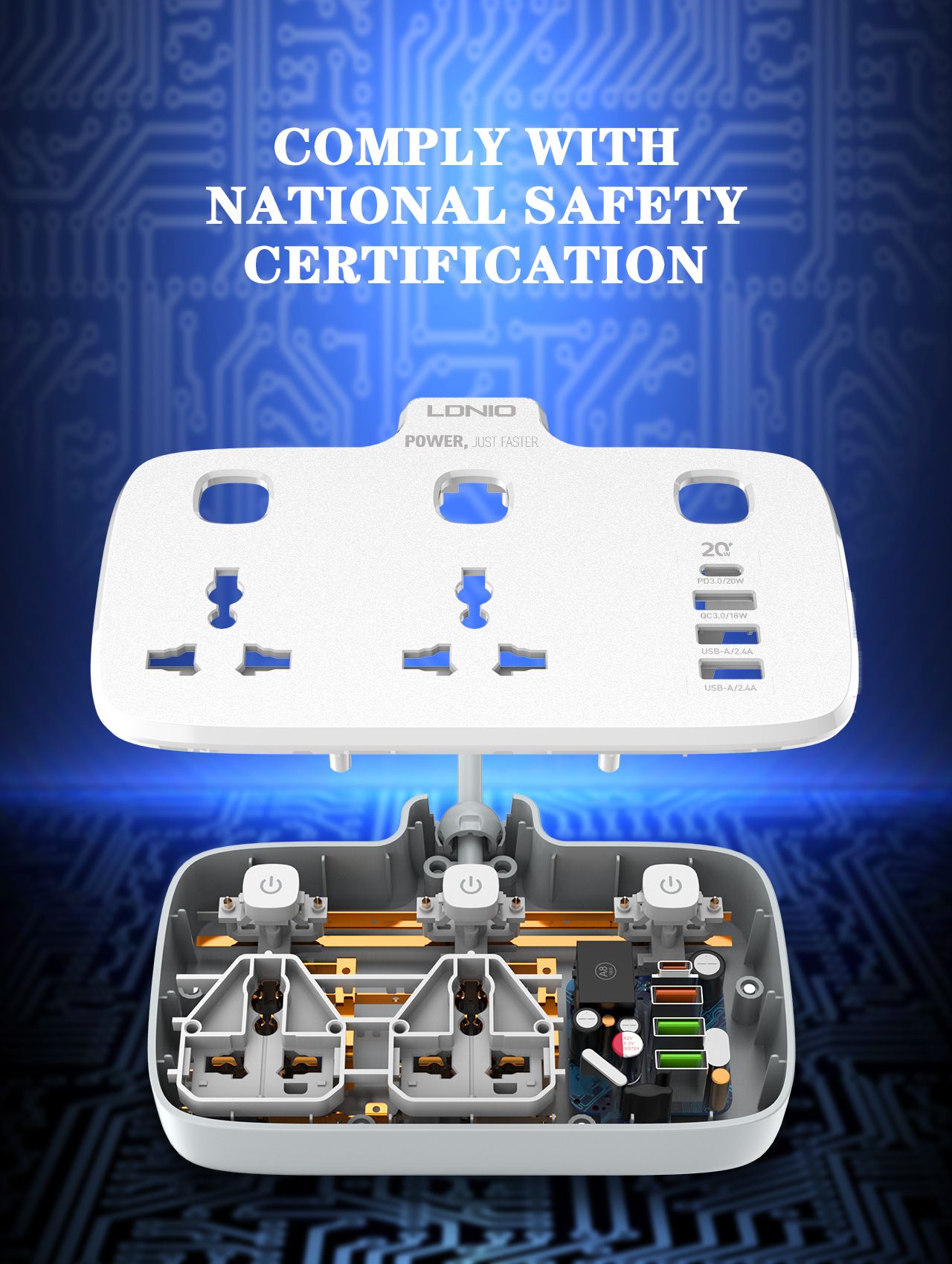 Multi-functional fast charging universal socket AC100-250 2500W 0.2m short cable board TYPE-C PD3.0/20W USB-A/PD3.0/18W USB-A/2.4A European regulations  SC2413