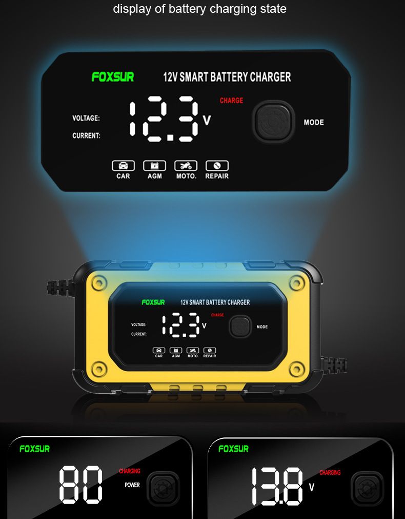 12V charger, motorcycle battery charger, car battery charger, automatic stop when fully charged, 6A  FBC1206E